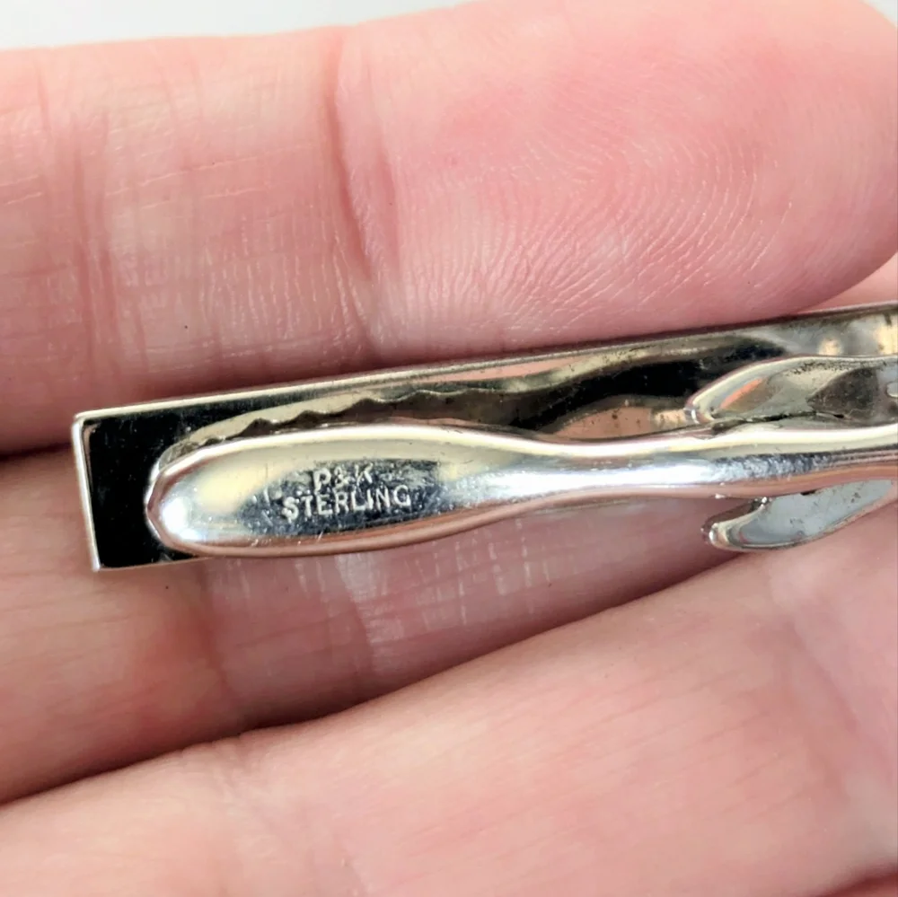 Elegant VINTAGE P&K STERLING SILVER Etched CUFFLINKS & TIE CLIP SET 17.89 Gr.